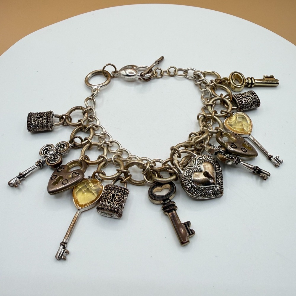 Antique Tone Key Lock Charm Bracelet Heart Padlock Gothic Statement Jewelry Gift
